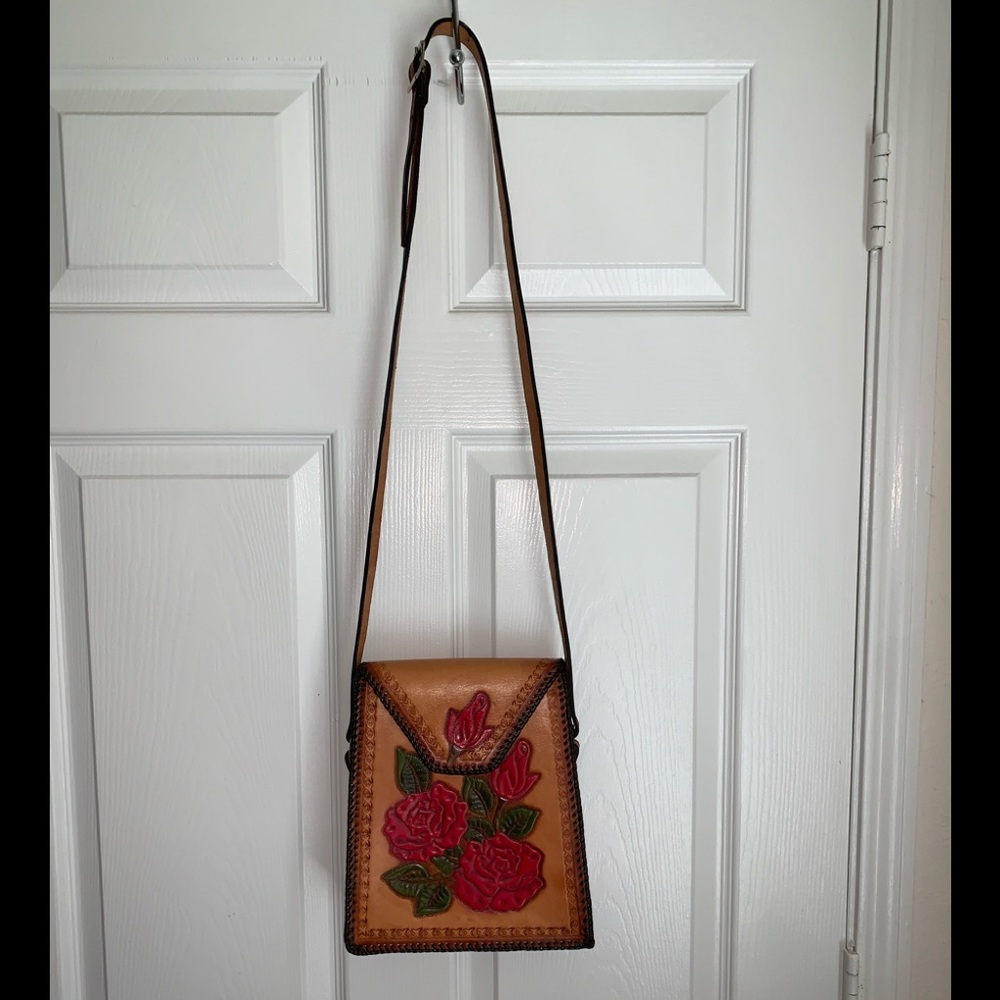 Vintage tooled leather flower bag